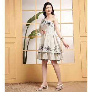 DEEBACO Women's Rayon Knee Length One Shoulder Asymmetric Tiered Embroidered Stylish One Piece <b>Dress</b> - Product Image 3