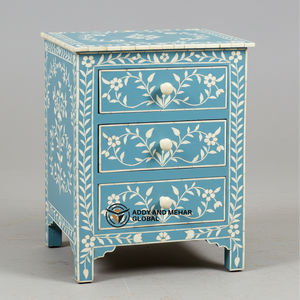 Artisan Blue Bone Inlay Nightstand Floral Pattern Dormitorio Accent Table - Product Image 6