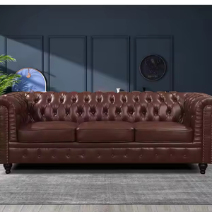 Sofá Chesterfield de 3 plazas de madera maciza de teca con cuero PU para muebles de sala de estar - Product Image 5