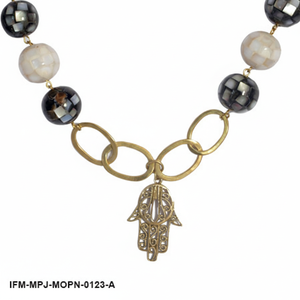 <b>Gold</b> Hamsa Hand Mother of <b>Pearl</b> Inlay <b>Necklace</b> Boho MOP Mosaic Bead Statement Jewelry for Women - Product Image 4