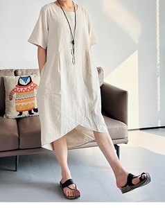 Meilleure qualité coupe ample décontracté robe mi-longue femmes coton lin à manches courtes ourlet asymétrique confortable tenue d'été vêtements de mode - Product Image 2