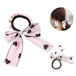 Coleteros <span class=keywords><strong>con</strong></span> Lazo de Encaje de Puntos de Corazón y Perlas de Imitación, Bandas Elásticas para el Cabello, Lindos Coleteros para Niñas - Product Image 1