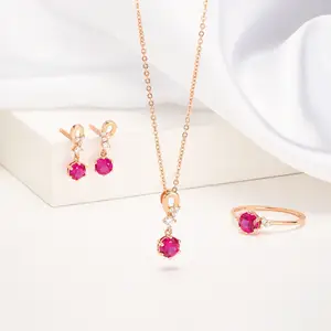 NEW ARRIVAL 14K Rose Gold Ruby Fine Jewelry Sets For Women Three Stone Ruby Ring AU750 Earrings Necklace HTJ PTB289