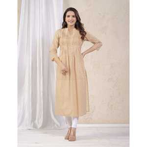 <b>Chikankari</b> for Cream Mustard Straight Kurti Printed Silk Indian and Pakistani Style Wedding Wear Stitched - Product Image 3