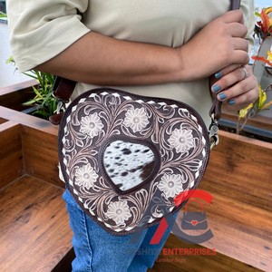 Bolso cruzado en forma de corazón de cuero con pelo para mujer, bolso Floral de cuero genuino occidental, bolsos de piel de vaca - Product Image 1