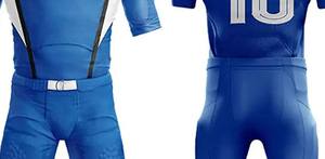 Tenue de football personnalisée bleue avec épaules noires, accents blancs, pantalon rembourré et maillot à manches courtes – Vêtements d'équipe - Product Image 2