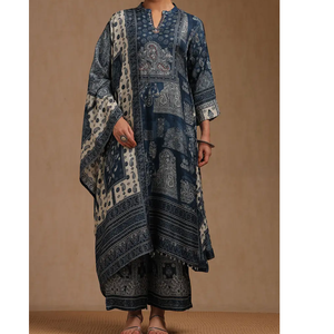 Vêtements indiens et pakistanais à la mode viscose soie multicolore bleu marine femmes Kurta robe avec tenue coupe régulière Dupatta - Product Image 1