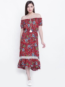 Casual All-Over <b>Pattern</b> Flounce <b>Dress</b> Shoulder Neckline Smocked Waist Ruffle Trim Plus Size Viscose ODM Fashion Knee-Length - Product Image 5