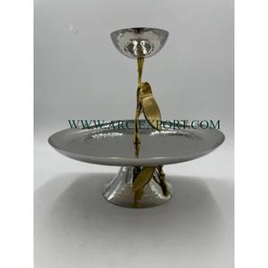 Hammered 2 Tier Round Shape Metal Silverware Food Serving Bowl Premium Quality Leaf Designing <b>Large</b> Hotel Ware Serving Platters - Product Image 1