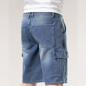 Pantalones Cortos Cargo Casuales Multibolsillos para Hombre, de Mezclilla Azul Claro, Ajuste Relajado, Algodón Lavado a la Piedra, Cintura Alta, Cierre de Botones, Pierna Recta hasta la Rodilla - Product Image 3