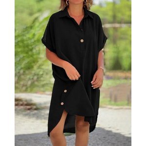 Robe mi-longue en viscose tissée pour femme, à manches courtes, col et boutons sur le côté, devant court et dos long, 35820 - Noir - Product Image 2