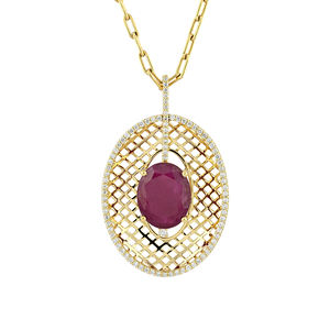 Collier pour femme en or jaune 18 carats avec pendentif en diamant naturel et rubis ovale, fait à la main, pour fiançailles, anniversaire, fabricant indien - Product Image 1