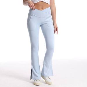 Leggings évasés taille haute pour femmes pantalons d'entraînement taille moyenne extensibles poches collants de Yoga Bootcut solides pour vêtements de salon athlétique - Product Image 4