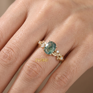 Anillo de Compromiso de Plata de Ley 925 con Ágata Musgosa Ovalada y Diseño de Hojas, Inspirado en la Naturaleza, Anillo de Promesa de Ágata Musgosa Verde - Product Image 5