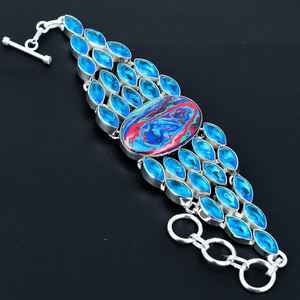 Pulsera de Calsilica Arcoíris Natural con Topacio Azul, Piedra de Nacimiento de Diciembre, Hecha a Mano, Pulsera de Plata de Ley 925 para Ella - Product Image 1