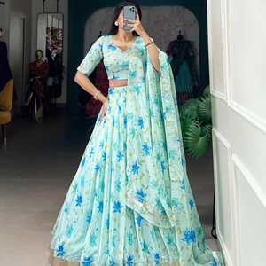 Elegante diseñador de Bollywood para mujer, Ropa Étnica, venta al por mayor, estampado Floral, seda pesada, Lehenga Choli, conjunto para fiestas y bodas - Product Image 1