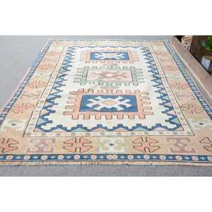 Alfombra Turca Vintage, Alfombra de 4.2x6.3 pies, Alfombra Azul con Diseño de Cuadros - Product Image 3