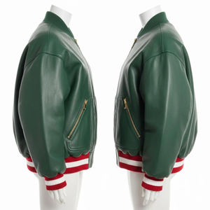 Chaqueta de Motociclista de Piel de Oveja Verde para Mujer con Cuello de Piel Roja - Product Image 6