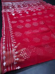 Exclusif Deshi Dhakai ROUGE Jamdani Sharee Qualité à l'exportation pour les femmes JAMDANI FABRIC Bleu ciel VERT Bleu Doré du Bangladesh - Product Image 2