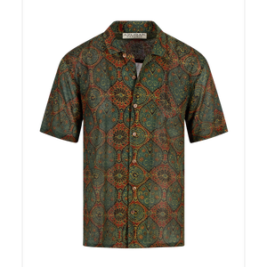 เสื้อเชิ้ตแขนสั้นลำลองผู้ชายลาย Ajrakh สีครามอินดิโก้และสีแดงอมน้ำตาล ผ้าฝ้าย 100% พร้อมลายผ้าบาติกดอกไม้ผ้าลินิน ผลิตตามแบบ ODM - Product Image 1