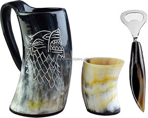 Abridor vikingo Cuerno Náutico Soporte para botella de vidrio corto Correa de cuero pulido Soportes seguros Bebidas frías calientes Cuerno de buey Beber - Product Image 1