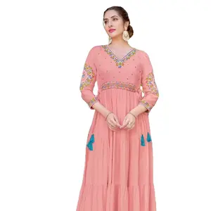 Rayon Wrinkle with Half Soft Cotton and Embroidery and Handwork Kurtis set for women