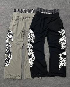 Double Waist Screen Printing With Distressed Flared Pants Heavyweight 100% Cotton <b>Track</b> Sweat <b>Trousers</b> Flared Pants - Product Image 6