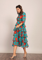 Robe de soirée pour femme en coton 100% à fleurs sexy, à manches courtes, à 5 niveaux, longueur genou, vert marine et rouge, pour l'été