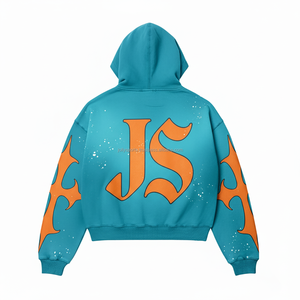 Sweat à capuche d'hiver épais à fermeture éclair 380 GSM tissu polaire brossé bleu sarcelle avec panneaux orange logo personnalisé transfert de chaleur impression basiques sweats à capuche - Product Image 2