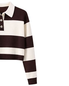 Womens <b>Brown</b> And White Striped Cropped Polo Sweater <b>Long</b> <b>Sleeve</b> Ribbed Hem Button Placket Casual Winter Knit <b>Top</b> Pullover Styles - Product Image 4