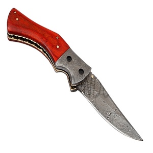 Pakka-navaja plegable de Damasco con mango de madera, hecha a mano, con funda de cuero (smk1226) - Product Image 1