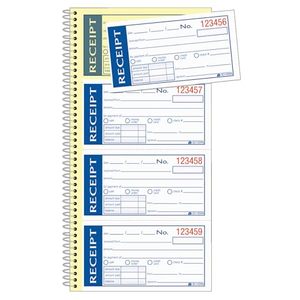 Carnet de reçus à écrire et à coller, 2 parties, sans carbone, blanc/canari, 5-1/4\" x 11\", reliure spirale, 200 jeux par carnet, 4 reçus par <span class=keywords><strong>page</strong></span> - Product Image 1