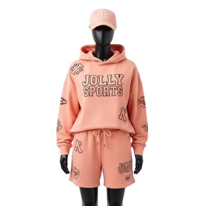 Women Hoodie Short Set Premium Cotton Polyester Fleece <b>Peach</b> Screen Print Custom Logo100% Cotton Hoodie and Shorts Set for Women - Product Image 1