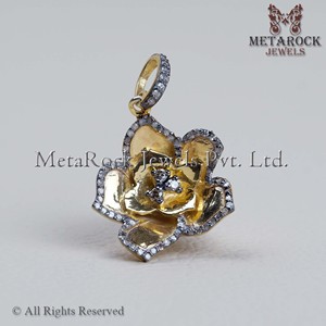 Designer Flower Shaped Handmade Pave Set Diamond 925 Sterling Silver Gold Plated Pendant Metarock Jewelry - Product Image 4