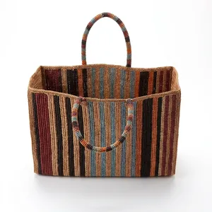 Sac fourre-tout bohème en crochet de raphia à rayures, grande capacité, sac à main décontracté pour femme, usage quotidien, deux poignées, ouverture supérieure - Product Image 2