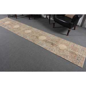 Vintage Rug, 2.2x12.3 ft Turkish Rug, <b>Brown</b> Red Ombr <b>Wool</b> Rug - Product Image 1