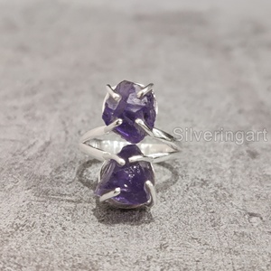 Bijoux en pierre brute Bague pour femme Améthyste brute naturelle Pierre précieuse Février Pierre de naissance Double pierre de mariage Bague en argent sterling 925 - Product Image 1