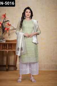 Dernières femmes portent un haut en Georgette de qualité supérieure avec un beau Chikankari Work With Cotton Borer Work Palazzo with Jecquerd Dupatta - Product Image 4