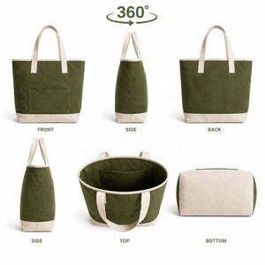 MORGANS INDUSTRIES Olive Green <b>Canvas</b> <b>Tote</b> Bag Cream Trim Zipper Closure Front Pocket Minimalist Style All Seasons Daily Use - Product Image 2