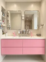 Meuble-lavabo double vasque flottant mat coloré avec miroir LED intégré et plan de travail en pierre