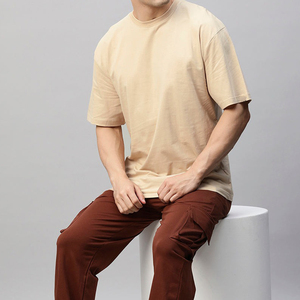 Offre Spéciale Hommes Col Rond Goutte Épaule À Manches Courtes T-shirt Hommes Street Wear Solide Hommes T-Shirt Surdimensionné-Beige - Product Image 3