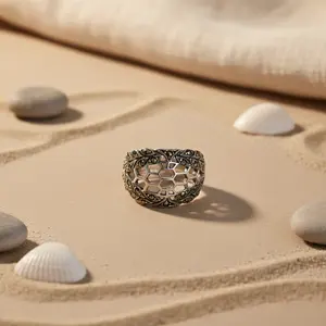 Bague en argent 925 avec marcassite, style bohème, design hexagonal pour femmes, motif géométrique, pierre naturelle, pierre précieuse, sertie en rhodium - Product Image 1