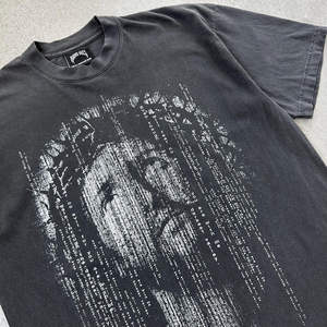 Camiseta negra de gran tamaño con estampado gráfico de cara gótica Streetwear Casual 100% Camiseta de algodón para hombres holgados impresos 2025 - Product Image 4