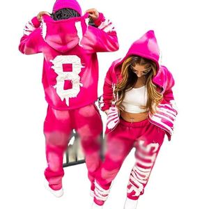 Ensembles de survêtements unisexes personnalisés avec broderie vieillie, sweats à capuche zippés et pantalons de jogging, style streetwear vintage délavé à l'acide - Product Image 1