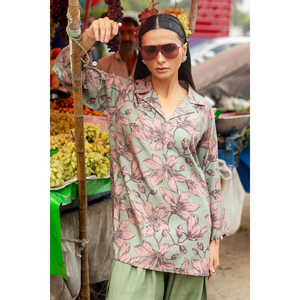 Ensemble 2 pièces en coton et lin imprimé Khaddar, col mandarin, imprimé personnalisé, grande taille, longueur genou, ODM personnalisé SCT-52006 pour le jour XS - Product Image 6