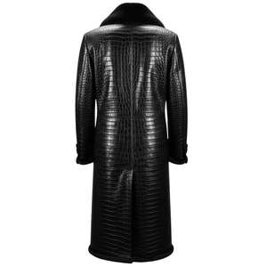 Mens Black Crocodile Pattern <b>Leather</b> <b>Long</b> Coat Fur Collar Winter Warm Premium Outerwear - Product Image 3