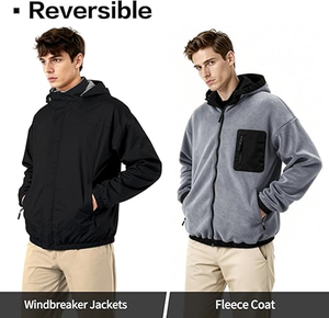 Veste en polaire softshell à double boutonnage décontractée pour homme, en fourrure de mouton, avec sequins, capuche amovible, réversible, coupe-vent bomber - Product Image 3