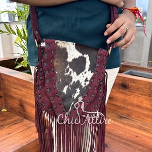 Venta caliente Western Real Hair on Suede Leather Bohemian Fringe Crossbody Bags para mujeres Custom Genuine Leather Hand Stitch Purse - Product Image 1