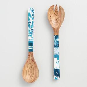 2024 Multi Color <b>Blue</b> Resin Handle Wood Salad Server <b>Set</b> Mixing Spoon Indian Handicrafts Inlay Design Spoon <b>Sets</b> for <b>Dinner</b> - Product Image 1