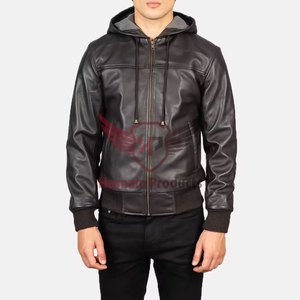 Chaqueta de cuero bombardero genuino de cordero negro de moda de calidad superior para hombre con capucha desmontable Chaqueta de cuero bombardero elegante para hombre - Product Image 1
